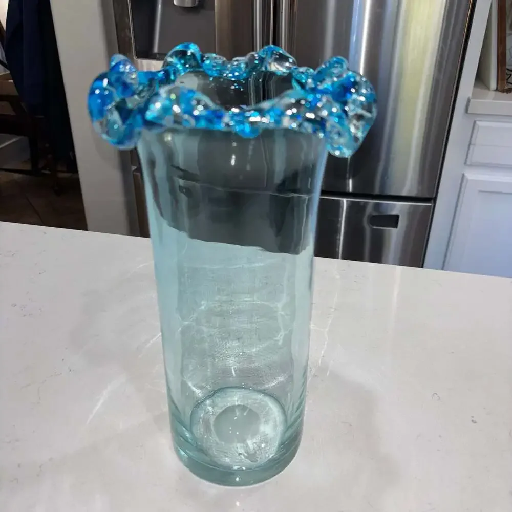Vintage Hand Blown Ruffled Ocean Blue Crest Vase 12”